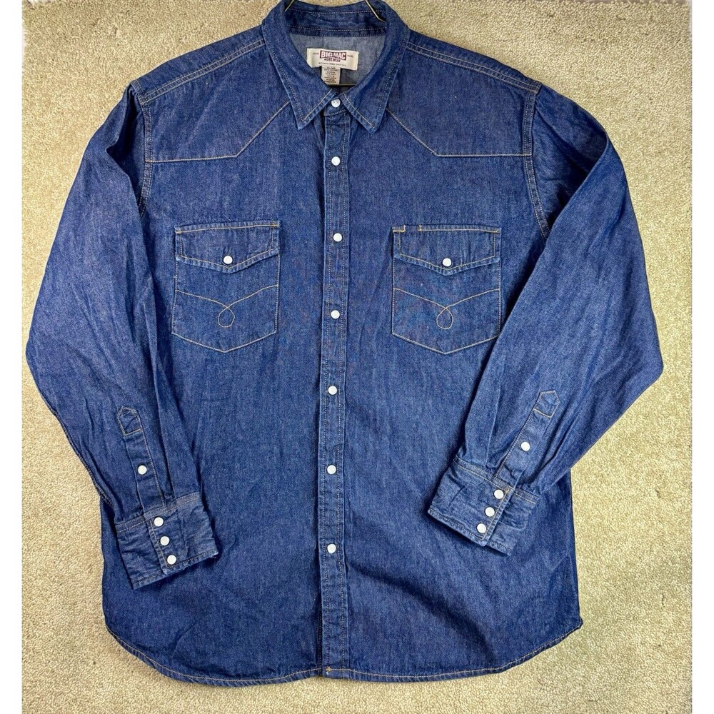 Big Mac Shirt Mens XL Blue Denim Western Pearl Snap Long Sleeve Workwear Cowboy